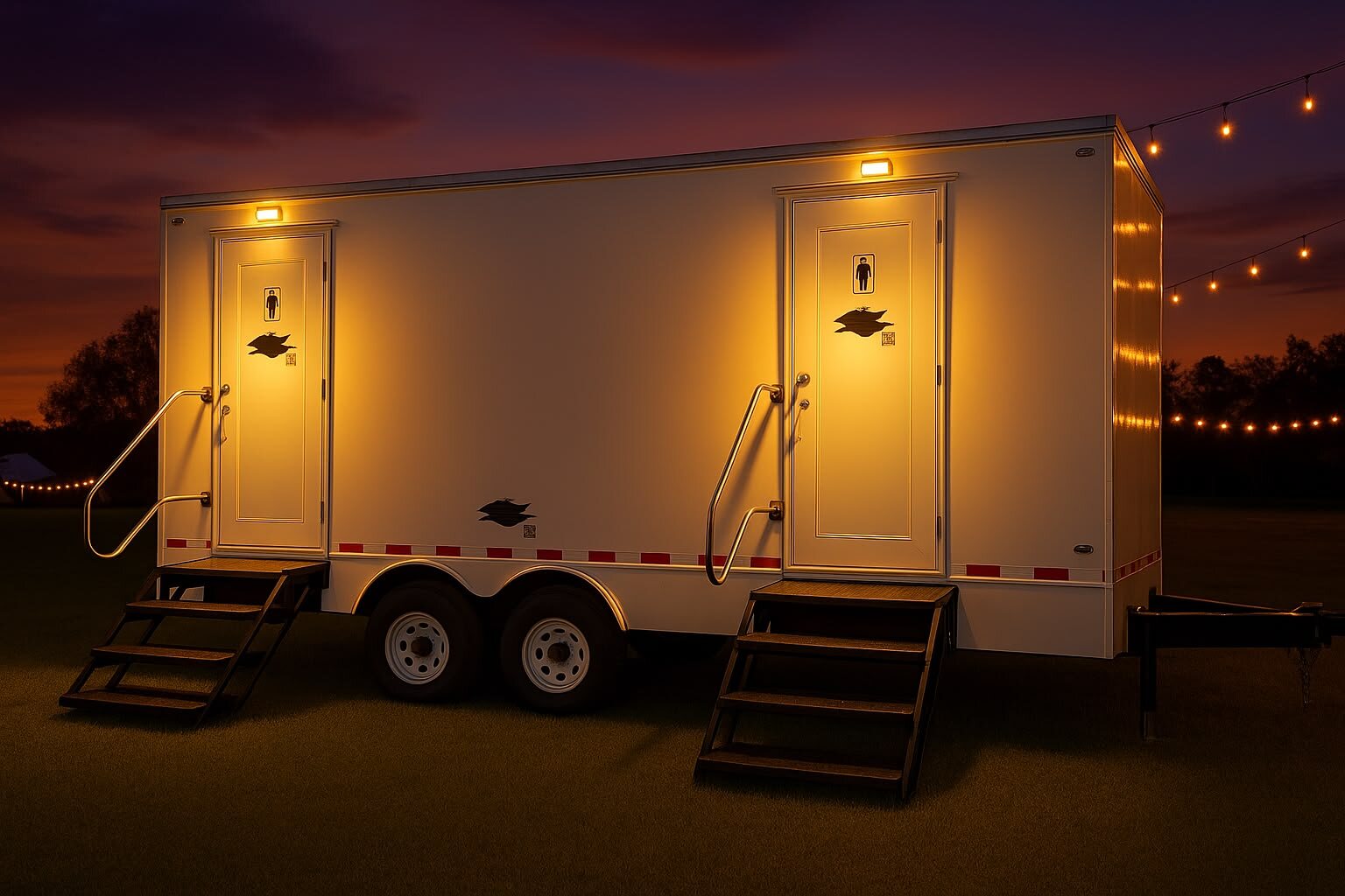 Pineywoods Premier Restrooms trailer glowing at dusk with string lights